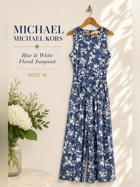 Michael Michael Kors Blue & White Floral Wide Leg Jumpsuit Size M NWOT
